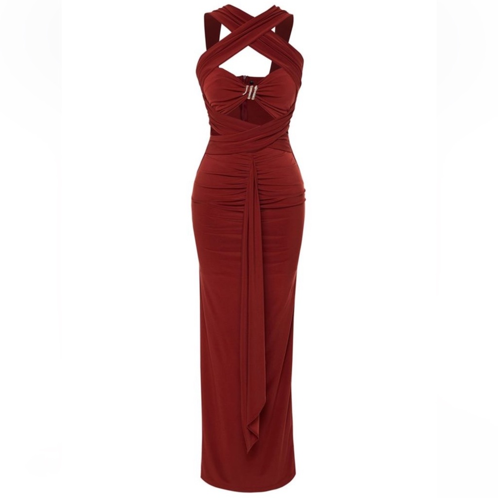 TRENDYOL COLLECTION X ZEYNEPTOSUN MAXI EVENING DRESS, SIZE MEDIUM, BURGUNDY